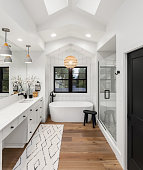 Master bathroom interior in new farmhouse style luxury home large mirror, shower, and bathtub.