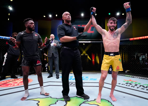 Matheus Nicolau of Brazil reacts after his split-decision victory over Manel Kape of Angola in a flyweight fight during the UFC Fight Night event at...