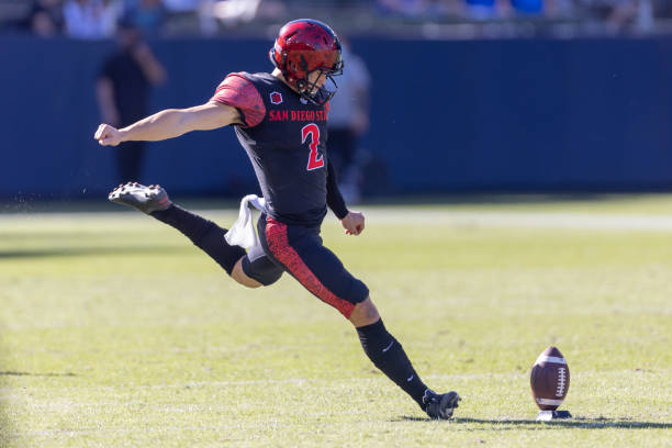 Matt Araiza of the San Diego State Aztecs kicks the ball against the Boise State Broncos on November 26, 2021 at Dignity Health Sports Park in...