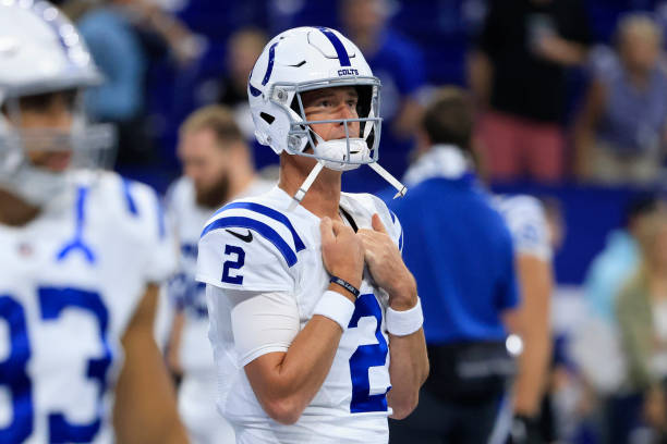 Matt Ryan of the Indianapolis Colts on the field before the preseason game against the Detroit Lions at Lucas Oil Stadium on August 20, 2022 in...