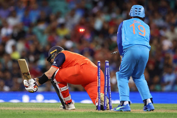 Max O’Dowd of the Netherlands is bowled by Axar Patel of India during the ICC Men's T20 World Cup match between India and Netherlands at Sydney...