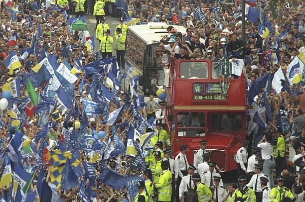 Chelsea Football Club parade through the streets of Chelsea in an open topped bus in front of their supporters to celebrate their 2-0 victory over...