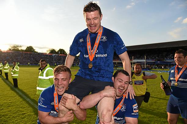 31 May 2014; Leinster's Brian O'Driscoll celebrates with team-mates Ian Madigan, left, and Cian Healy after the game. Celtic League 2013/14 Grand Final, Leinster v Glasgow Warriors, RDS, Ballsbridge, Dublin. Picture credit: Stephen McCarthy / SPORTSFILE (Photo by Sportsfile/Corbis/Sportsfile via Getty Images)