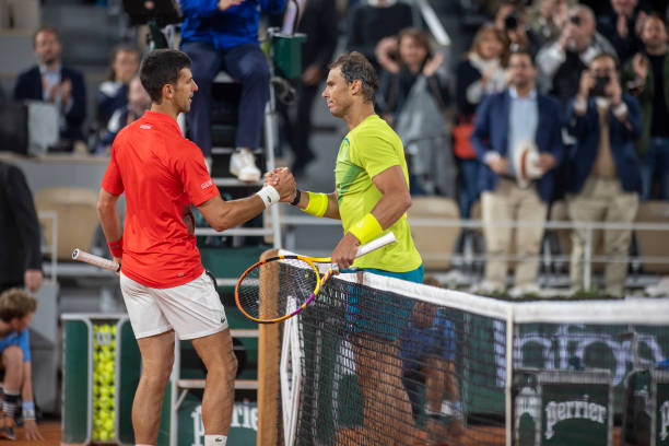 May 31. Winner Rafael Nadal of Spain is congratulated at the net by Novak Djokovic of Serbia on Court Philippe Chatrier during the singles Quarter...