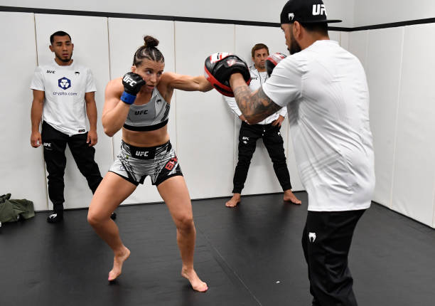 Maycee Barber warms up prior to her fight during the UFC Fight Night event at UFC APEX on July 24, 2021 in Las Vegas, Nevada.