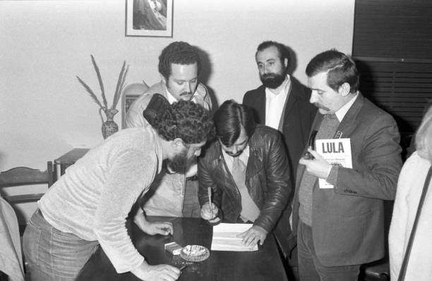 A meeting between the leaders of Polish and Brazilian trade unions Pictured Luiz Inacio Lula da Silva leader of the Workers' Party and Lech Walesa...