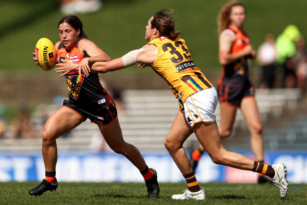 Meghan Gaffney of the Giants competes with Eliza Shannon of the Hawks during the round eight AFLW match between the Greater Western Sydney Giants and...