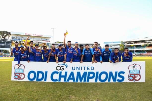 Members of the India team after winning on the third and final ODI match between West Indies and India at Queens Park Oval in Port of Spain, Trinidad...