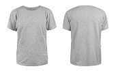 Men's grey blank T-shirt template,from two sides, natural shape on invisible mannequin, for your design mockup for print, isolated on white background