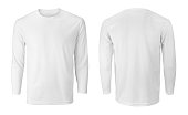 Men's long sleeve white t-shirt with front and back views isolated on white