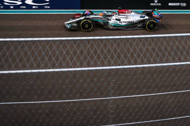 Mercedes' British driver George Russell races during the Miami Formula One Grand Prix at the Miami International Autodrome in Miami Gardens, Florida,...