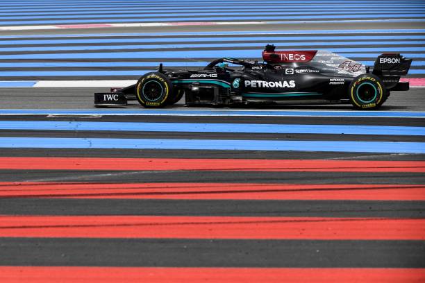 Mercedes' British driver Lewis Hamilton drives during the French Formula One Grand Prix at the Circuit Paul-Ricard in Le Castellet, southern France,...