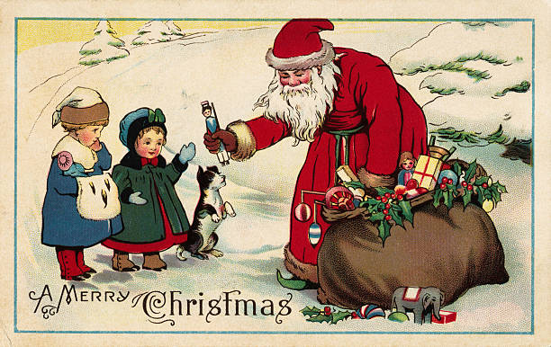 Merry Christmas Postcard with Santa Claus Giving Gifts