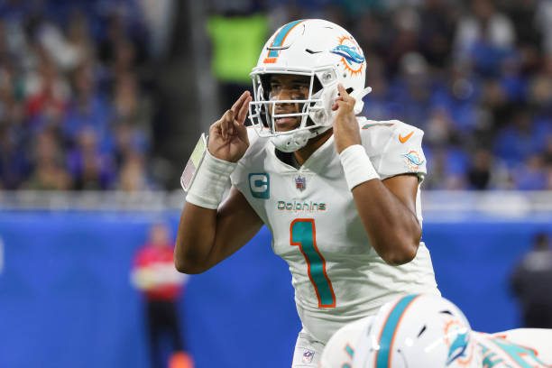 Miami Dolphins quarterback Tua Tagovailoa calls out signals during an NFL football game between the Miami Dolphins and the Detroit Lions on October...