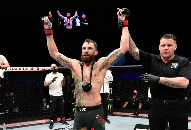 Michael Chiesa reacts after his victory over Neil Magny in a welterweight fight during the UFC Fight Night event at Etihad Arena on UFC Fight Island...