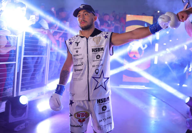 Michael Mckinson enters the ring for his WBO International Welterweight fight with Vergil Ortiz Jr. At Dickies Arena on August 6, 2022 in Fort Worth,...