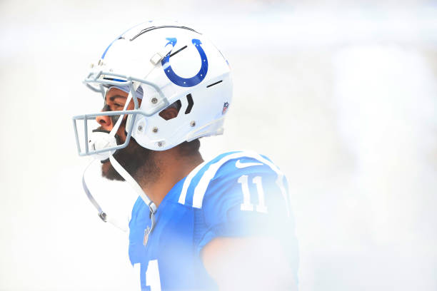 Michael Pittman Jr. #11 of the Indianapolis Colts during player introductions before the game against the Kansas City Chiefs at Lucas Oil Stadium on...