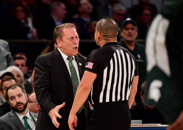 Michigan State Spartans head coach Tom Izzo argues a call in the first half of their game against the Kentucky Wildcats at Madison Square Garden on...