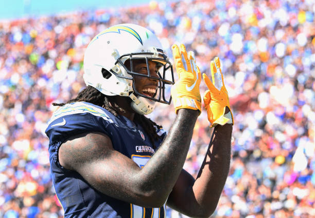 Mike Williams of the Los Angeles Chargers celebrates his touchdown against the Los Angeles Rams during the third quarter of the game at Los Angeles...