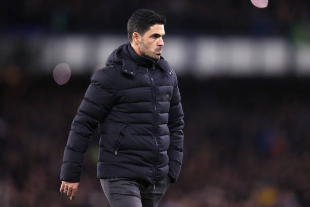 Mikel Arteta, Manager of Arsenal looks on following defeat in the Premier League match between Everton and Arsenal at Goodison Park on December 06,...