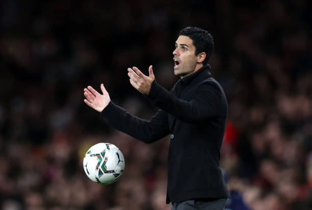 Mikel Arteta, Manager of Arsenal reacts during the Carabao Cup Round of 16 match between Arsenal and Leeds United at Emirates Stadium on October 26,...