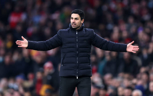 Mikel Arteta, Manager of Arsenal reacts during the Premier League match between Arsenal and Burnley at Emirates Stadium on January 23, 2022 in...