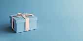 Mock-up poster, baby blue gift box with white bow on light blue background, 3D Render, 3D Illustration