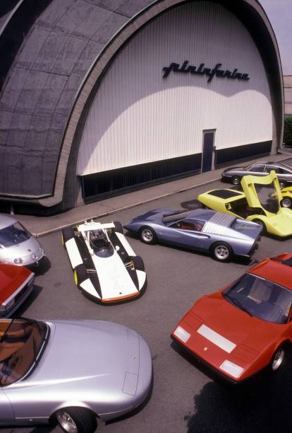 Modeles automobiles dans la cour de l'usine Pininfarina en Mai 1981 a Turin, Italie.