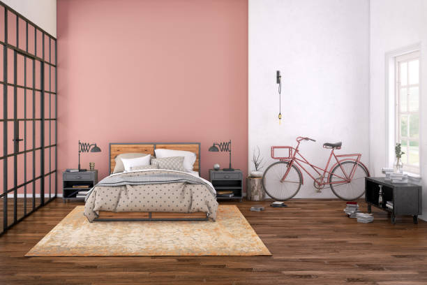 modern bedroom interior with blank wall for copy space - wallpapers for walls room stock pictures, royalty-free photos & images