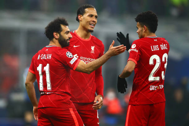 Mohamed Salah of Liverpool celebrates scoring a goal to make the score 0-2 with Luis Diaz and Virgil van Dijk during the UEFA Champions League Round...