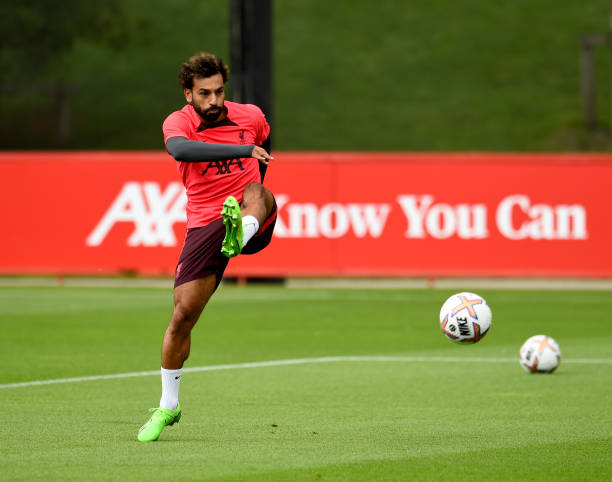 Mohamed Salah of Liverpool during a training session at AXA Training Centre on August 04, 2022 in Kirkby, England.