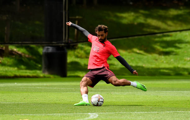 Mohamed Salah of Liverpool during a training session at AXA Training Centre on August 04, 2022 in Kirkby, England.