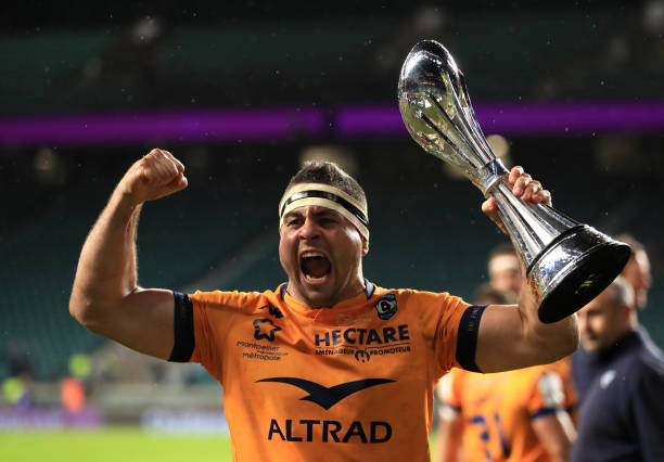 Montpellier's Guilhem Guirado lifts the trophy after the final whistle during the European Rugby Challenge Cup Final match at Twickenham Stadium, London. Picture date: Friday May 21, 2021. (Photo by Mike Egerton/PA Images via Getty Images)