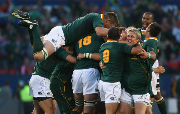 PRETORIA, SOUTH AFRICA - JUNE 27: Morne Steyn of South Africa is mobbed by his team mates after kicking the match and series winning penalty during the Second Test match between South Africa and the British and Irish Lions at Loftus Versfeld on June 27, 2009 in Pretoria, South Africa. (Photo by Alex Livesey/Getty Images)