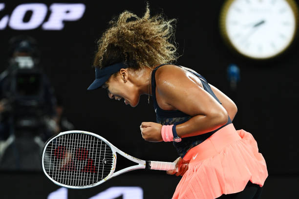 Naomi Osaka of Japan celebrates winning a point in her Women’s Singles Final match against Jennifer Brady of the United States during day 13 of the...