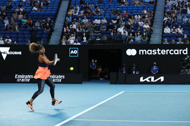 Naomi Osaka of Japan plays a forehand in her Women’s Singles Final match against Jennifer Brady of the United States during day 13 of the 2021...