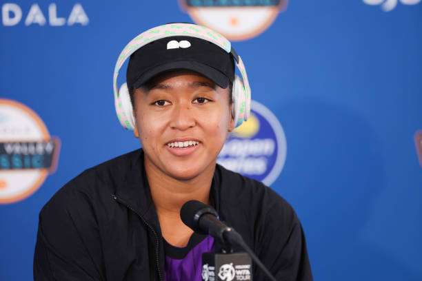 Naomi Osaka of Japan speaks with media during the Mubadala Silicon Valley Classic, part of the Hologic WTA Tour, at Spartan Tennis Complex on August...