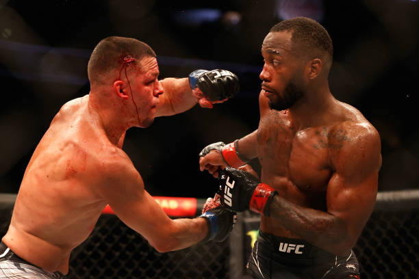 Nate Diaz fights Leon Edwards of Jamaica during their UFC 263 welterweight match at Gila River Arena on June 12, 2021 in Glendale, Arizona.