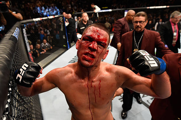 Nate Diaz reacts to his victory over Conor McGregor of Ireland in their welterweight bout during the UFC 196 event inside MGM Grand Garden Arena on...