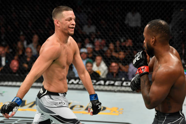 nate-diaz-taunts-leon-edwards-of-jamaica-in-their-welterweight-fight-picture-id1323272325