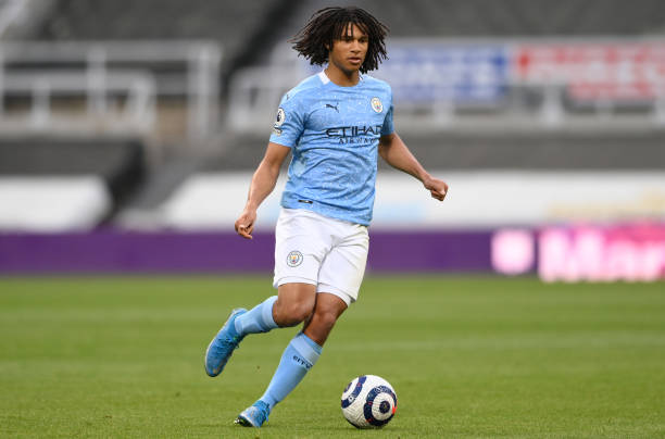 Nathan Ake of Manchester City in action during the Premier League match between Newcastle United and Manchester City at St. James Park on May 14,...