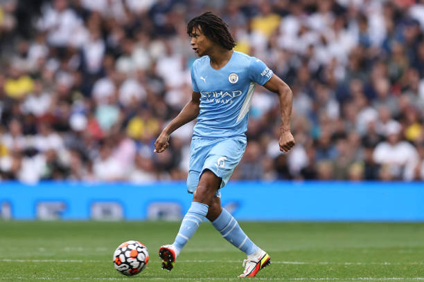 Nathan Ake of Manchester City passes the ball during the Premier League match between Tottenham Hotspur and Manchester City at Tottenham Hotspur...
