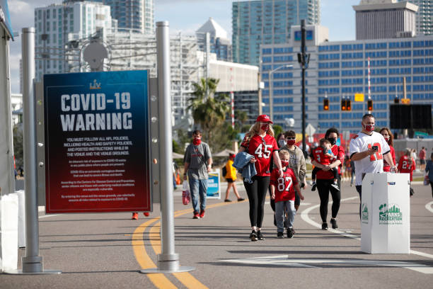 National Football League fans convene in downtown Tampa ahead of Super Bowl LV during the COVID-19 pandemic on January 30, 2021 in Tampa, Florida....