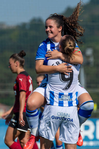 Nerea Eizagirre and Sanni Franssi of Real Sociedad celebrate after scoring during the Primera Division Femenina football game between Real Sociedad...