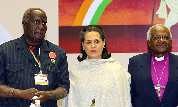 India's Congress Party President Sonia Gandhi former President of Zambia and Nobel laureate Kenneth Kaunda and Nobel laureate Archbishop Desmond Tutu...