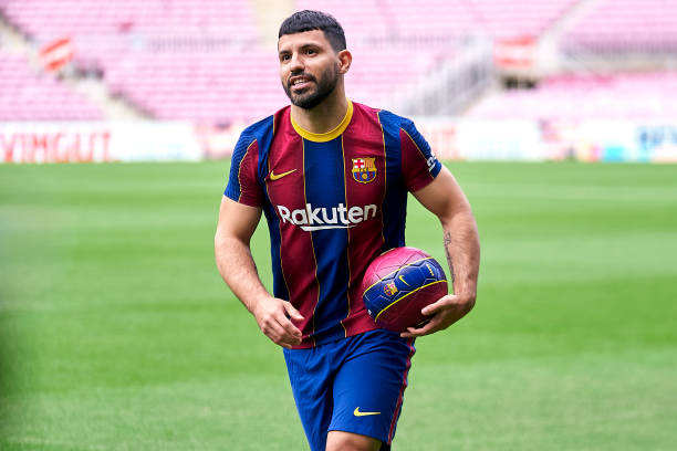 New FC Barcelona signing Sergio Aguero posing for a photograph as he is unveiled at Camp Nou on May 31, 2021 in Barcelona, Spain.