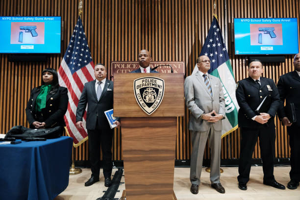 NY: New York City Mayor Adams Makes Public Safety Announcement With NYPD Chief And DOE Head David Banks