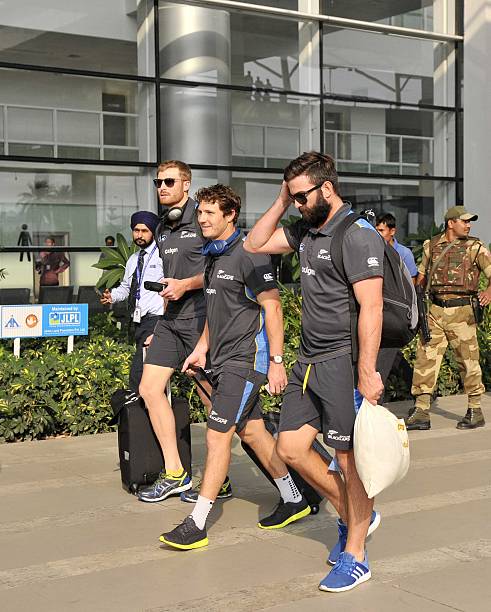New Zealand Team players come out during the team arrival for 3rd ODI at PCA Mohali at Chandigarh Airport on October 21 in Chandigarh India