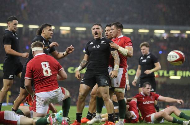 New Zealand's scrum-half TJ Perenara (C) reacts during the Autumn International Friendly rugby union match between Wales and New Zealand at the Principality Stadium in Cardiff, south Wales, on October 30, 2021. (Photo by Geoff Caddick / AFP) (Photo by GEOFF CADDICK/AFP via Getty Images)