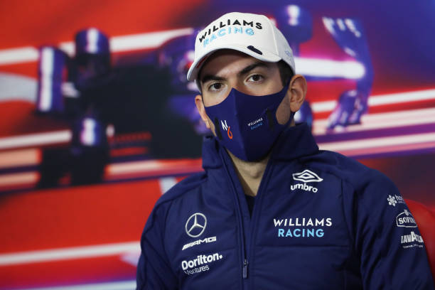 Nicholas Latifi of Canada and Williams talks in the Drivers Press Conference during previews ahead of the F1 Grand Prix of Turkey at Intercity...